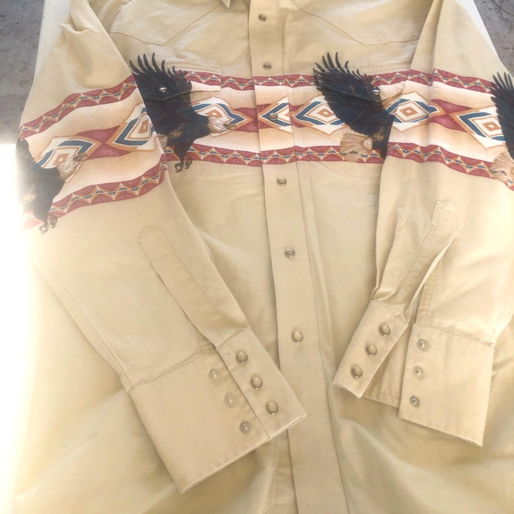 Vintage Wrangler Western Shirt Mens Chambray Eagle Print Pearl Snap